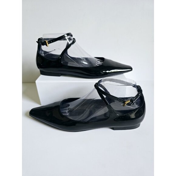 Massimo Dutti Patent Leather Black Ballet Flats Buckle Strappy Pointed Toe 39 8 - Picture 1 of 14